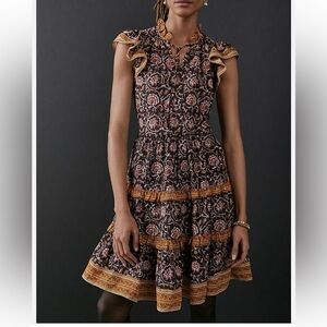 Anthropologie Othilia Almeria Dress Black and Gold Floral Pattern Size 1X